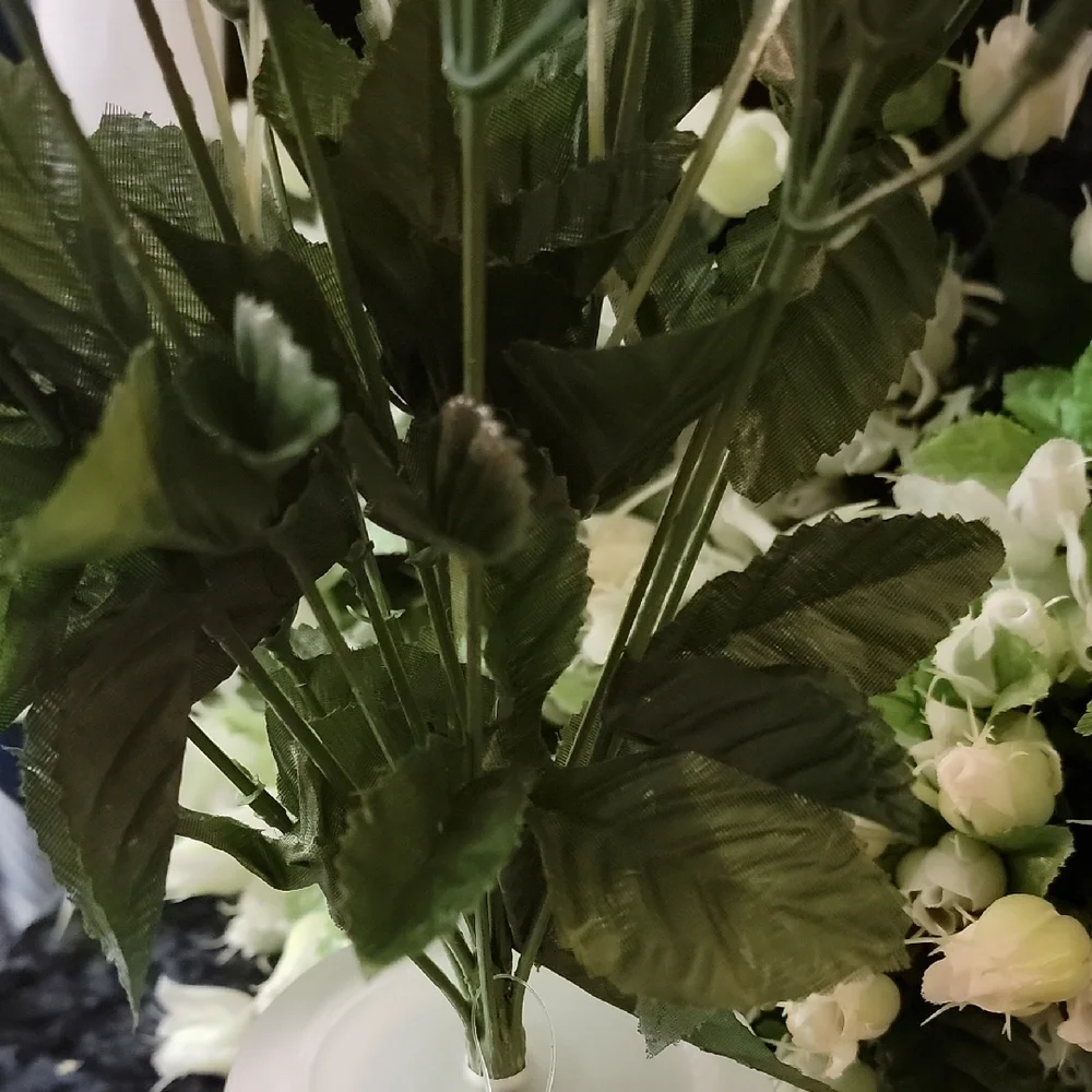 1 Dozen White Rose Buds  W/ Green Faux Floral Accent Arrangement
